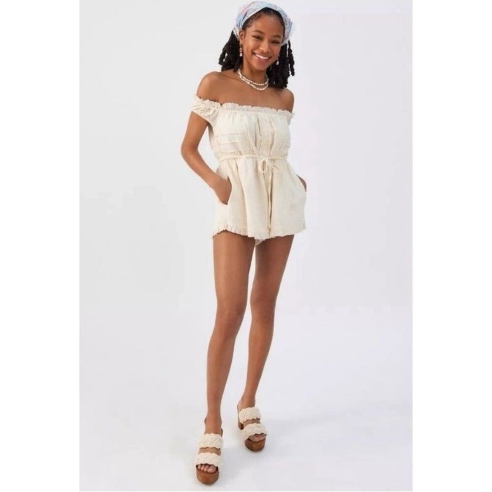 UO Evie Off-The-Shoulder Check Romper Urban Outfitters NWOT